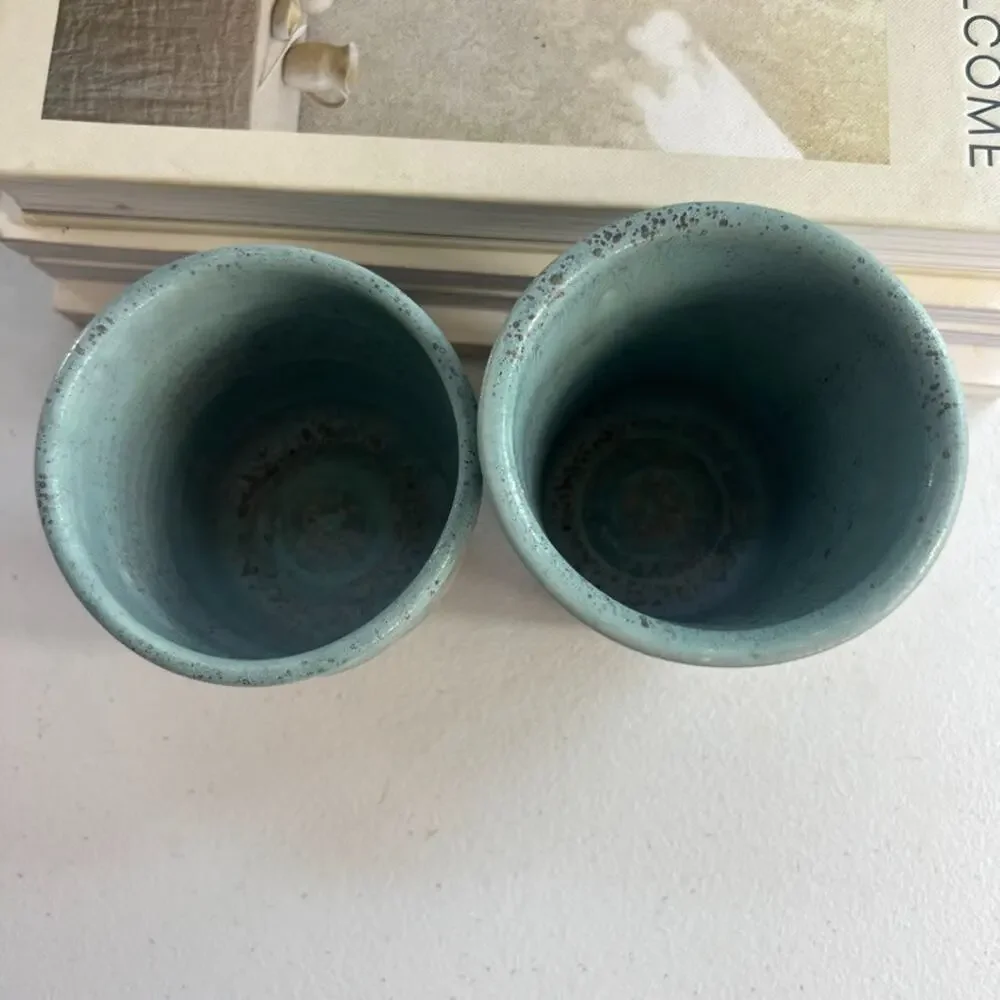 Unmarked Stoneware Tumbler Cups Speckled Blue Etched Tree Design Set of 2
